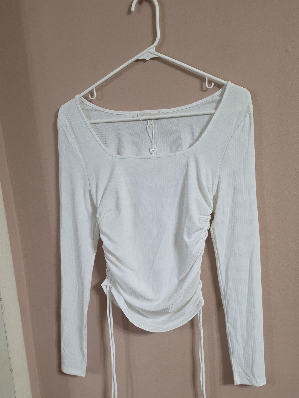Wayf White Ruched Long Sleeve Scoop Neck Top with Drawstrings